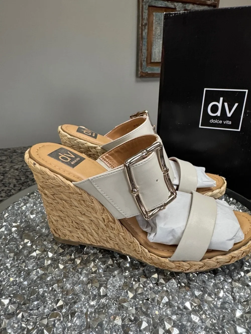 Dolce Vita Cream Woven Espadrille Wedge Sandals with Gold Buckle NEW 10